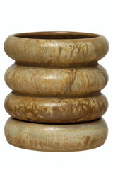 Stoneware ribbed planter shown from the side with the protruding brown pattered rings.