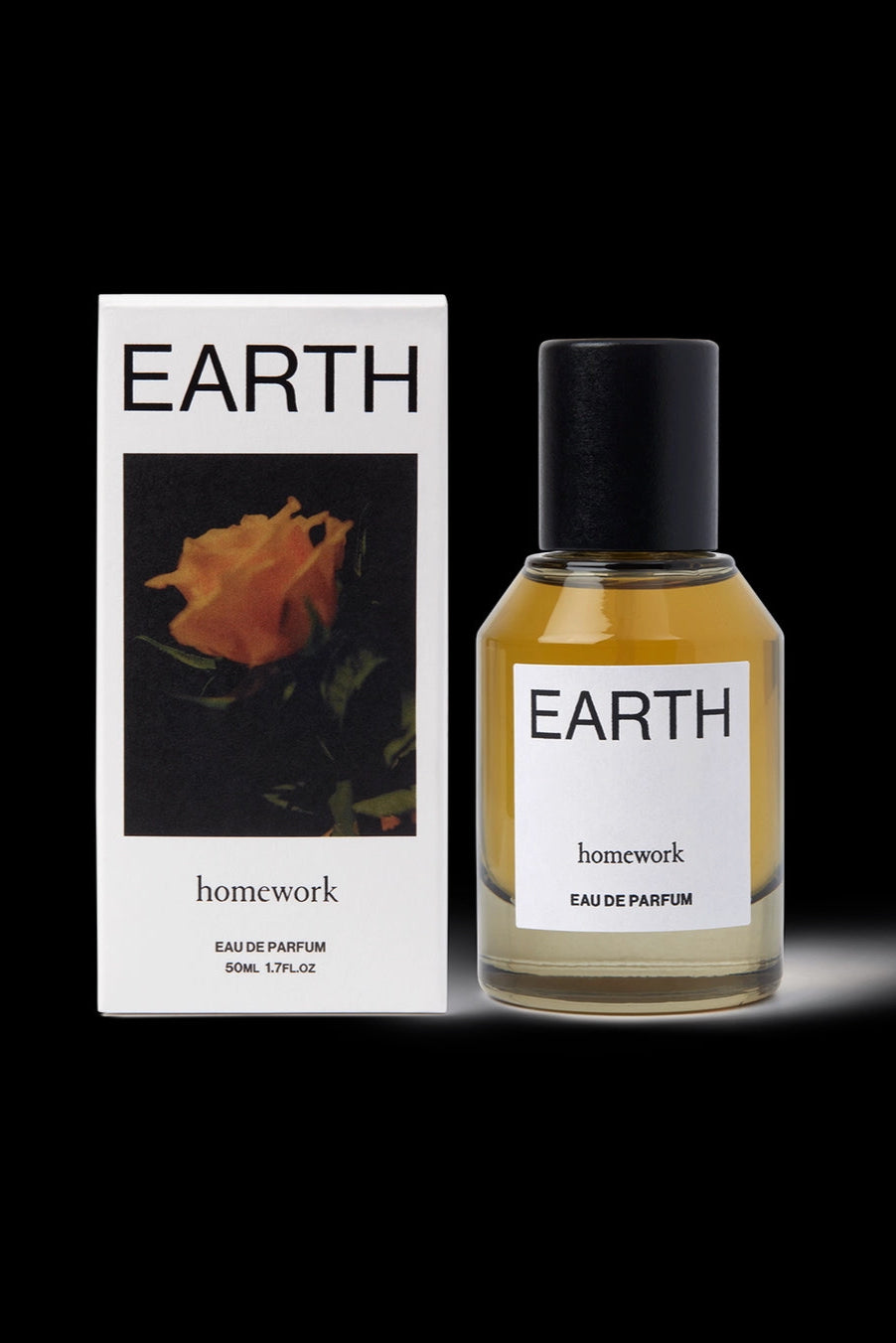 Earth Eau de Parfum Eau de Parfum bottle and packaging with 'Earth' label on a black background ©Homework
