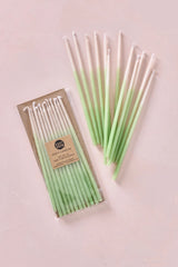 Knot & Bow tall Mint Ombre beeswax candles in packaging and out of packaging.