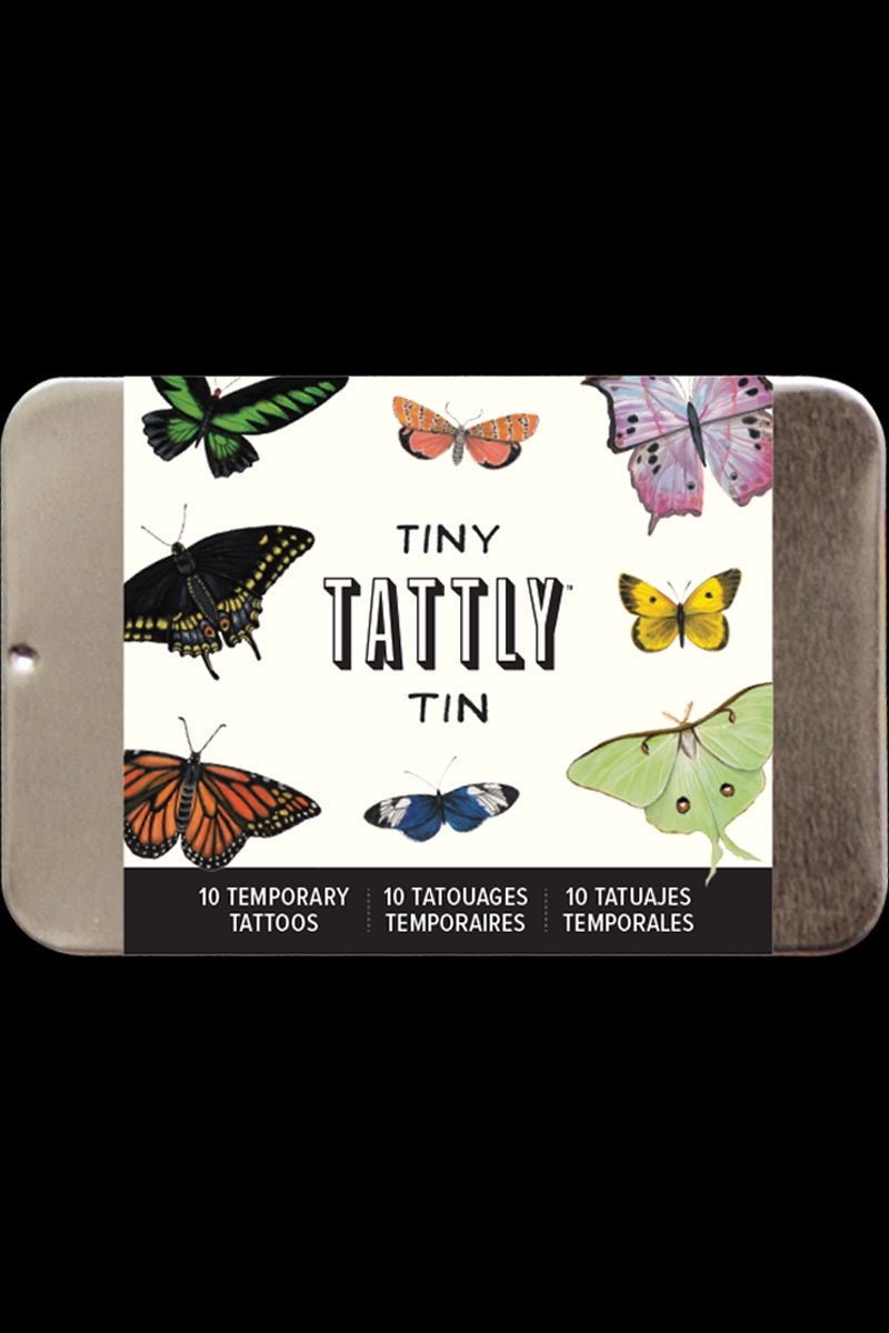Tiny Tattly tin with butterfly designs on a white background ©Tattly