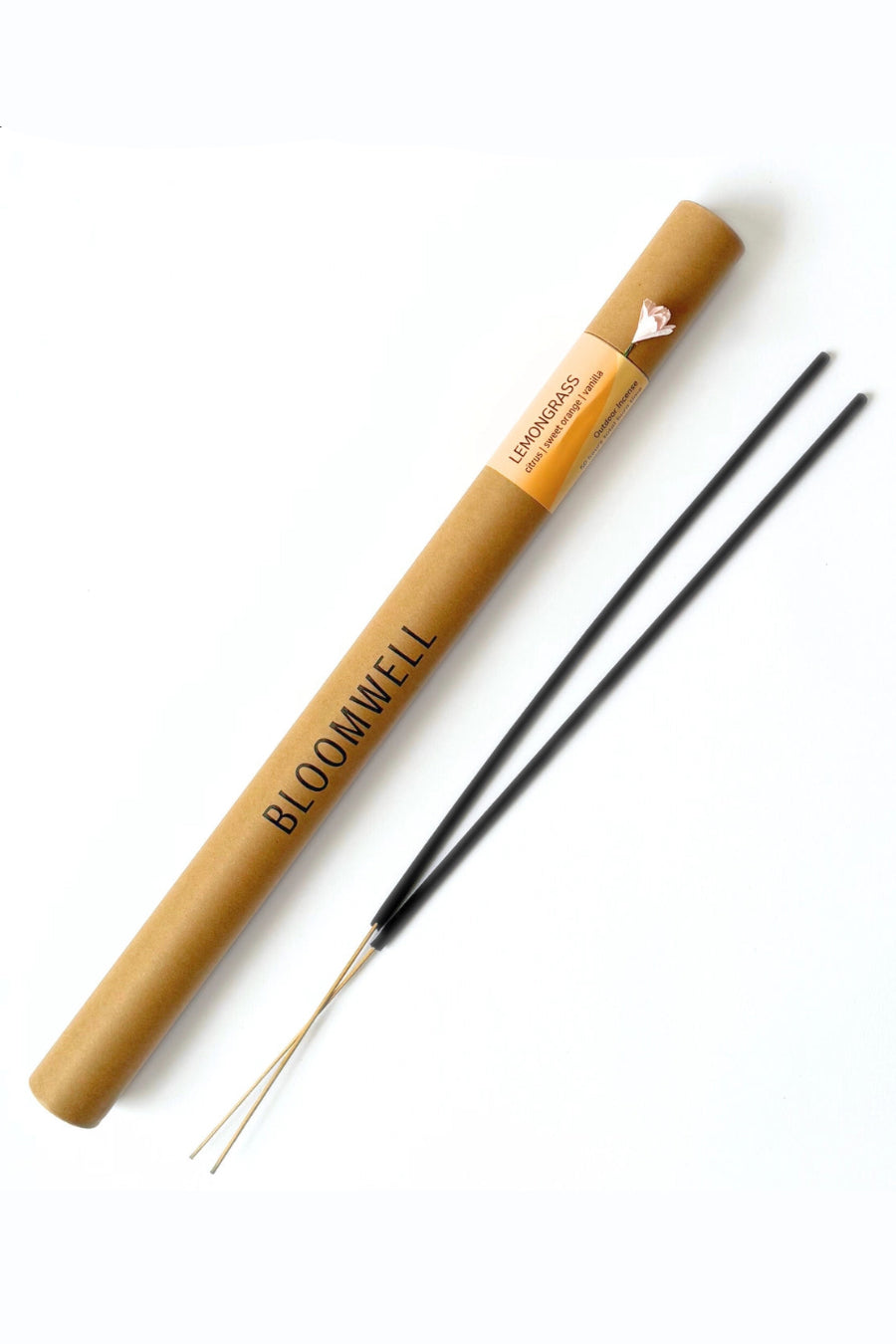 lemongrass incense with a cardboard tube packaging labeled 'Bloomwell' on a white background ©Bloomwell