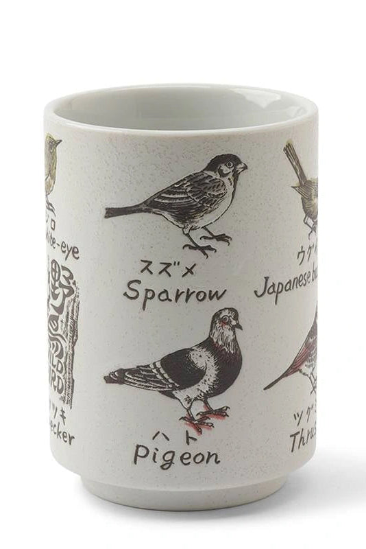 Ceramic mug with bird illustrations and text on a white background  ©Miya Company