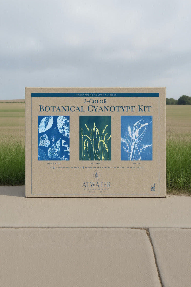 3-Color Botanical Cyanotype Kit packaging with botanical illustrations on a beige background ©Sprout Home