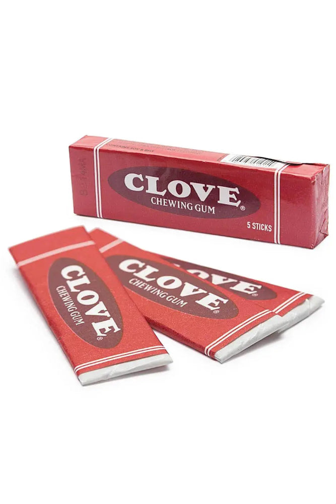 Red box of Clove chewing gum with two individual packs on a white background