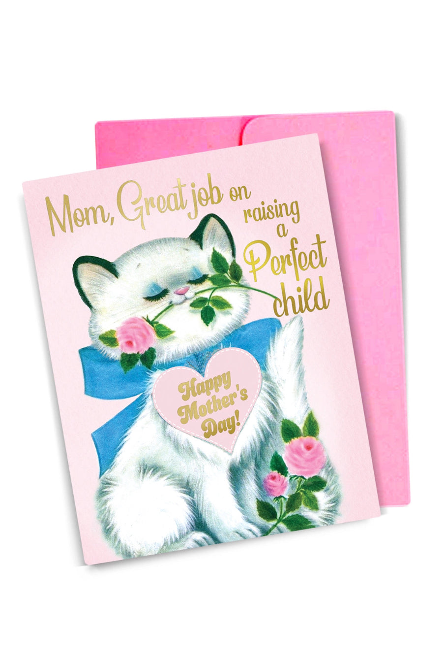 Greeting card with a cat illustration and text on a pink background ©Smitten Kitten