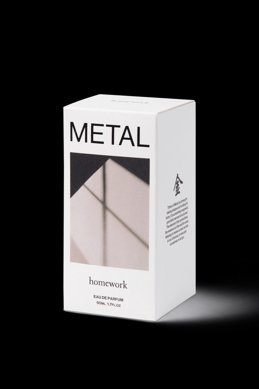 Metal Eau de Parfum White box of 'Metal' perfume by 'homework' on a black background ©Homework