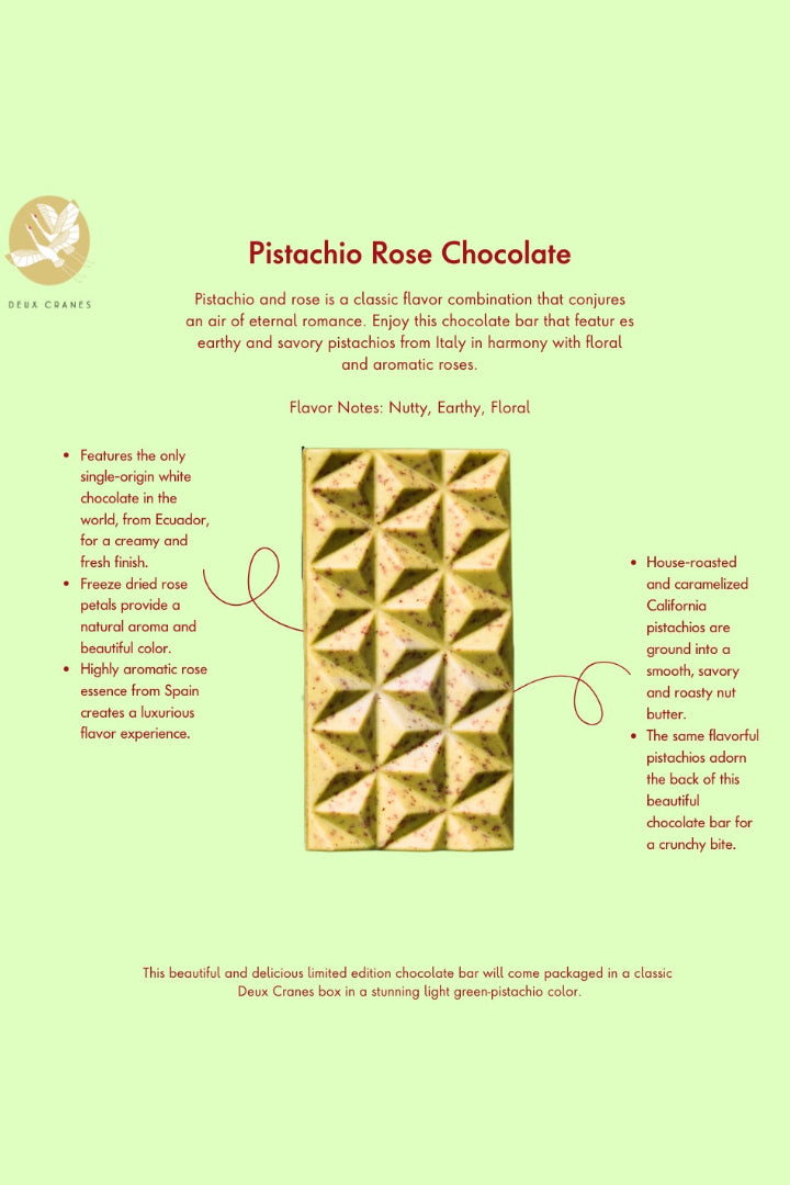 Pistachio Rose Chocolate bar with product description on a green background ©Deux Cranes