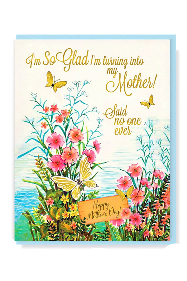 Greeting card with flowers, butterflies, and text on a white background ©Smitten Kitten