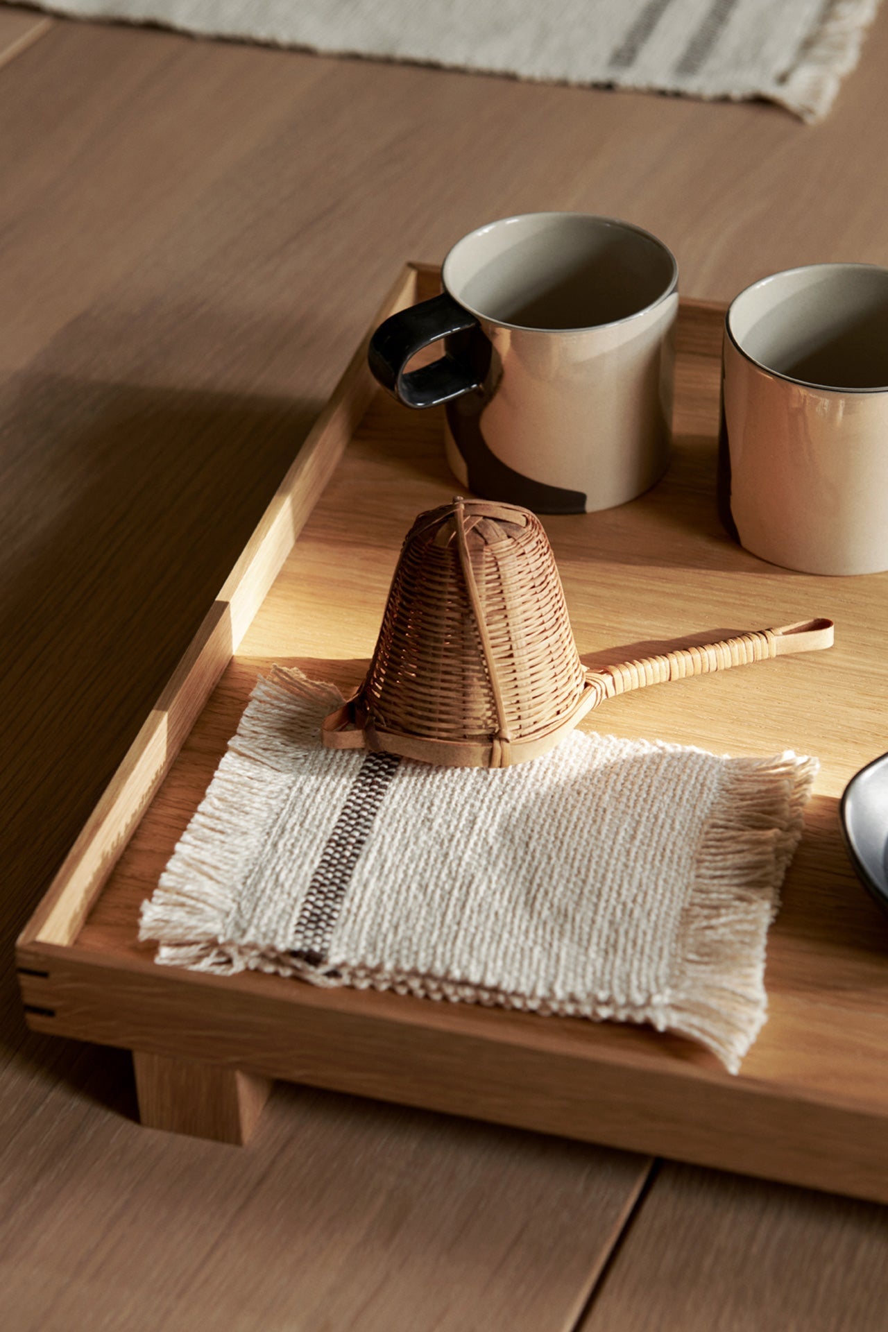 Bon Wooden Tray Oak Small displayed with tea accoutrements ©Ferm Livings 