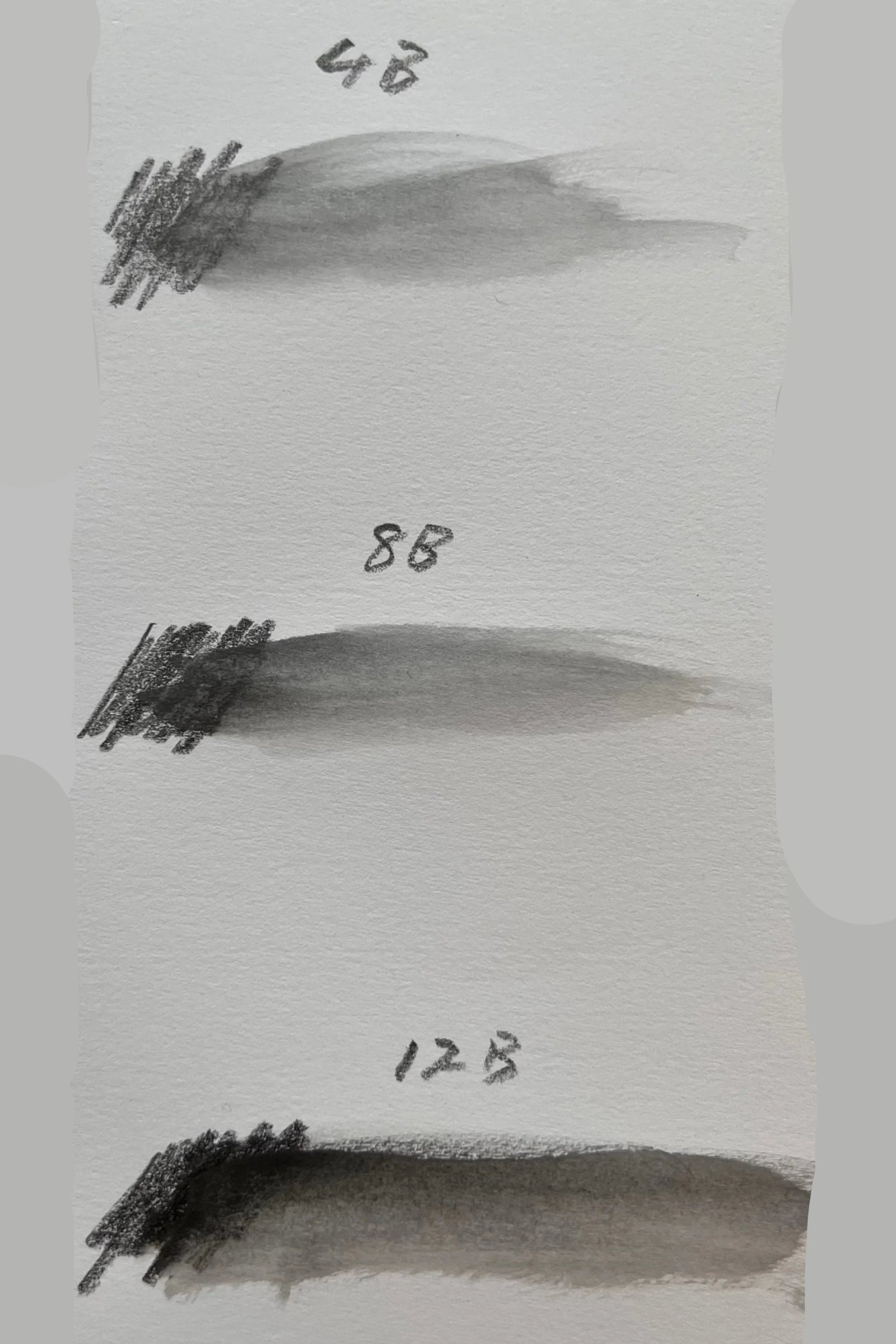Three pencil strokes with labeled shades on a white background ©Mannahatta Pencil Co.