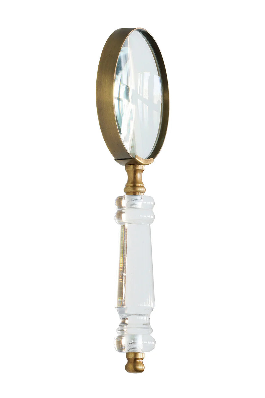 Decorative magnifying glass with a white handle and gold accents on a white background ©Blue Ocean Traders