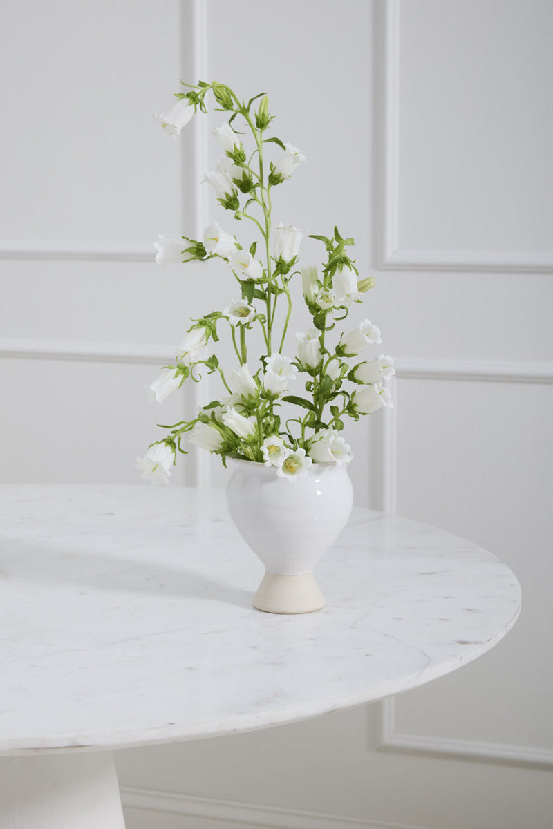 A white Magnolia vase with white bell flowers inside on a white table and white walls.