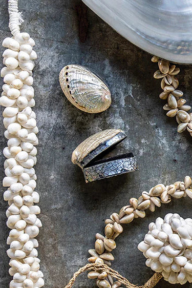 Shell trinket box  laying on its side and one sitting upright looking from above. Surrounded by other shell trinkets and necklaces ©Blue Ocean Traders