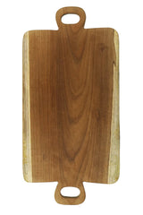 A teak presentation board in a rectangle shape with two handles, one on each short side. 