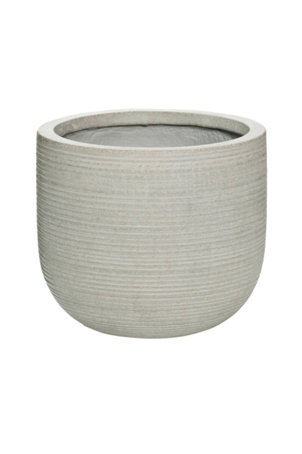 Pottery Pots Cody Light Grey with horizontal Ridges pot against white