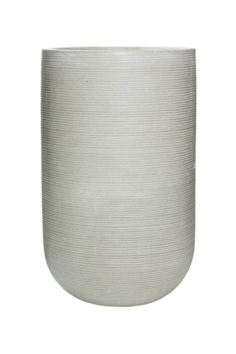 Pottery Pots Cody High Pot in Light Grey with horizontal Ridges against white.