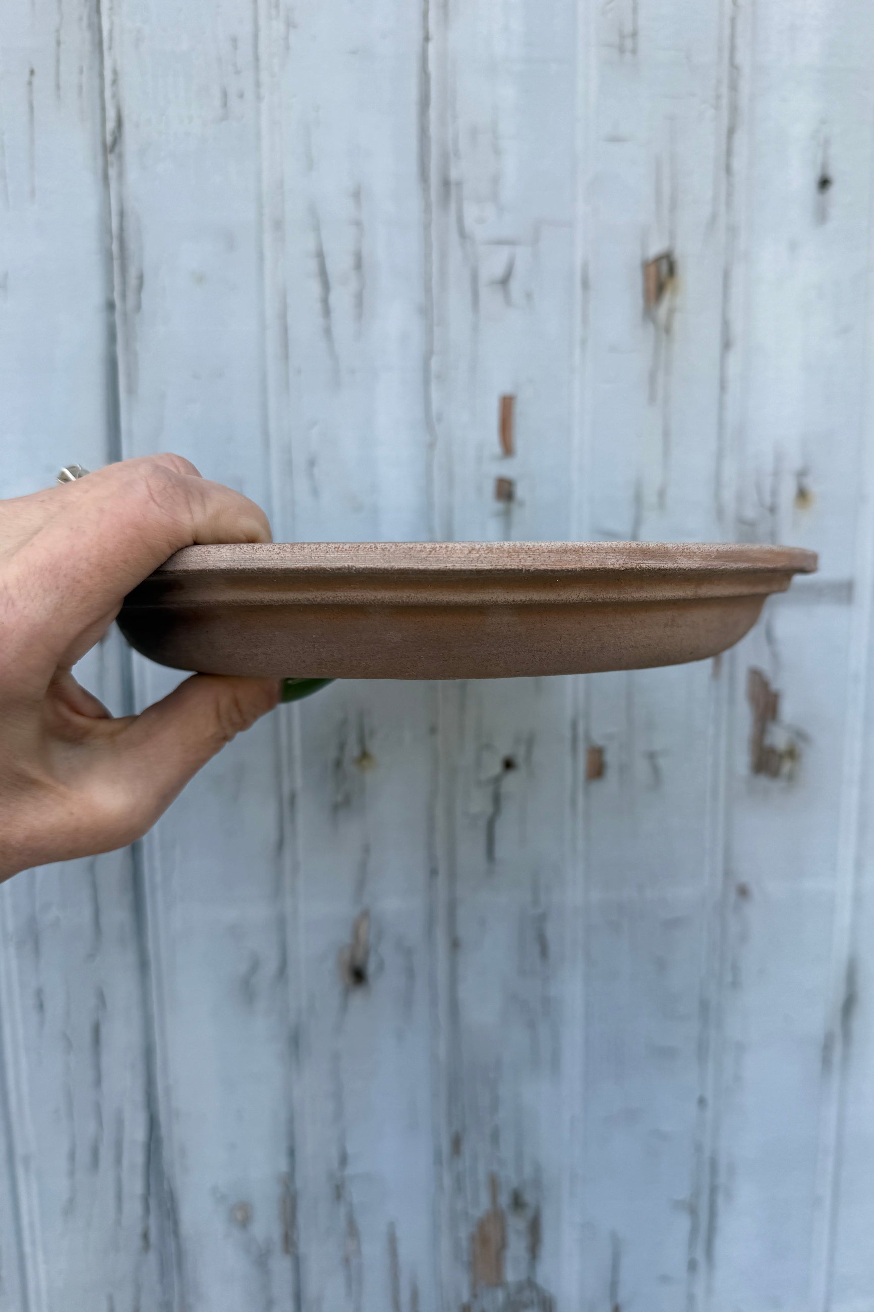 Hand holding a brown ceramic saucer against a rustic wooden background ©Sprout Home