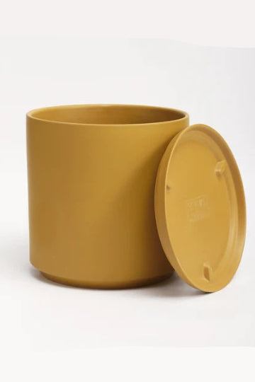 A yellow planter and saucer on a white background ©LBE Design