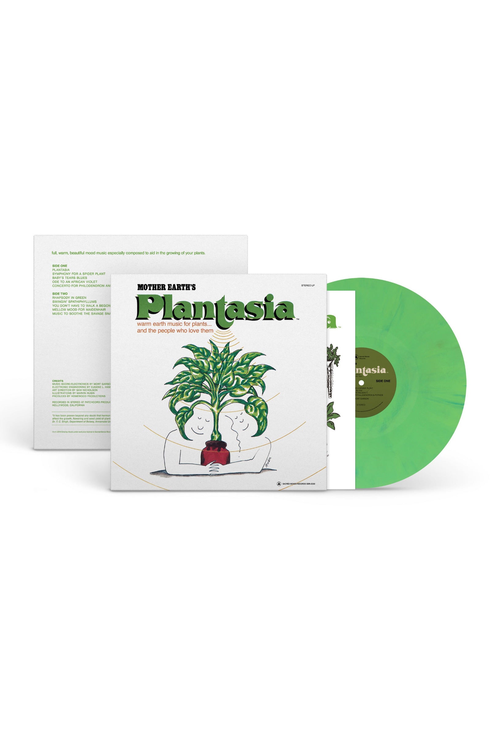 Vinyl record with a white cover featuring an illustration of a person holding a plant, on a white background Eco Green Anniversary edition ©Sacred Bones Records