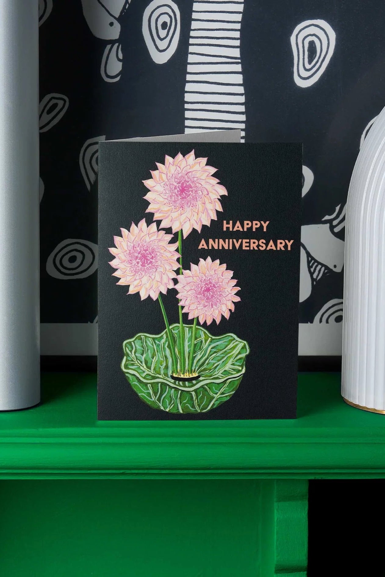 Anniversary Dahlia Greeting Card  sitting on a green shelf ©Stengun Drawings
