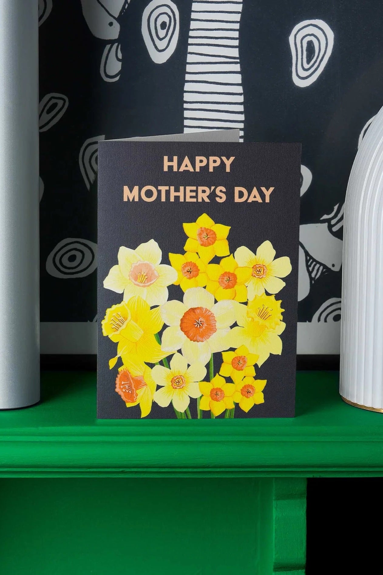 Daffodils Mothers Day Card  sitting on a green shelf ©Stengun Drawings