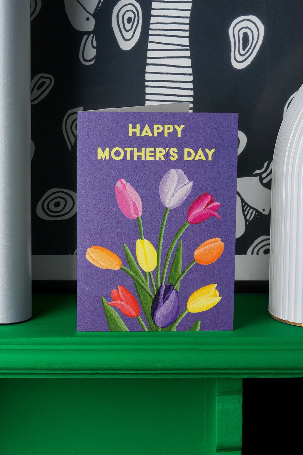 Mother's Day Tulips Greeting Card  sitting on a green shelf ©Sprout Home
