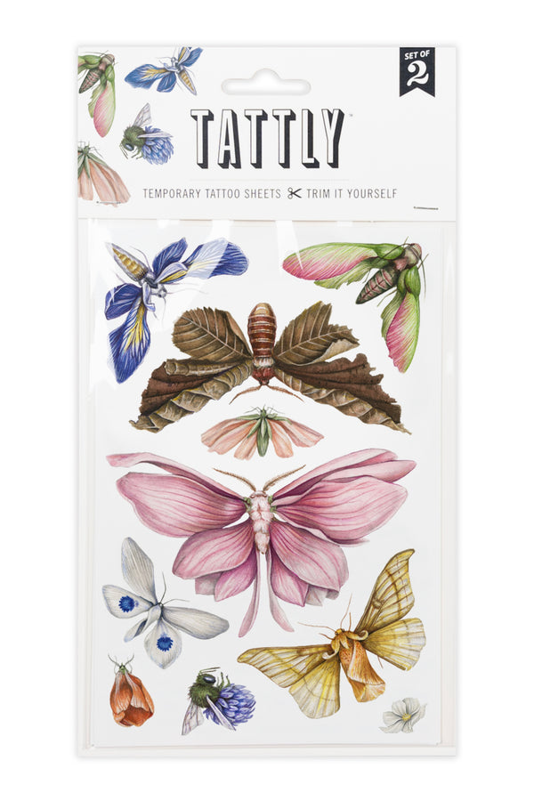 Close up picture of the Floraflies Tattoo Sheet by Tattly in its packaging