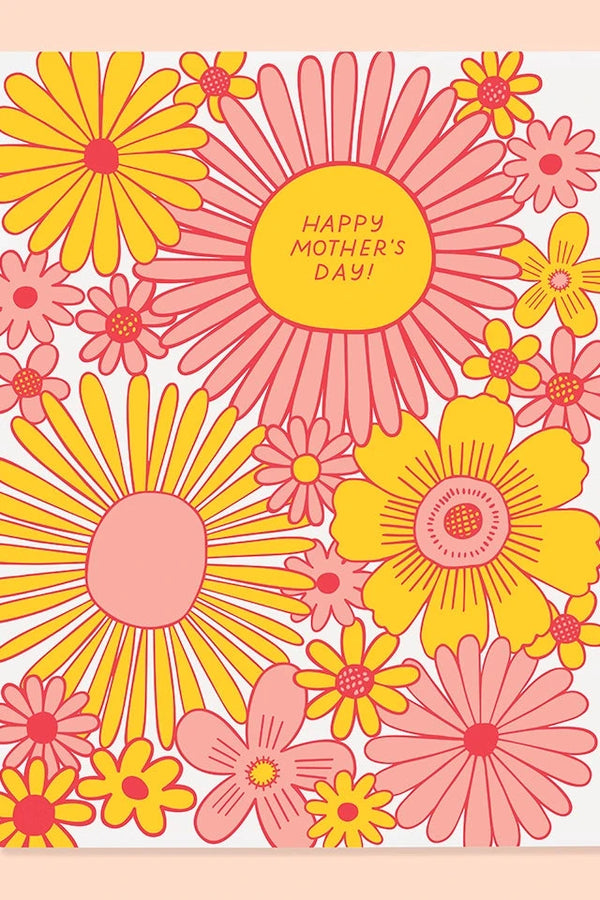 The floral Happy Mothers day daisy card by the good twin showing the front of the card with yellow and pink daisy's