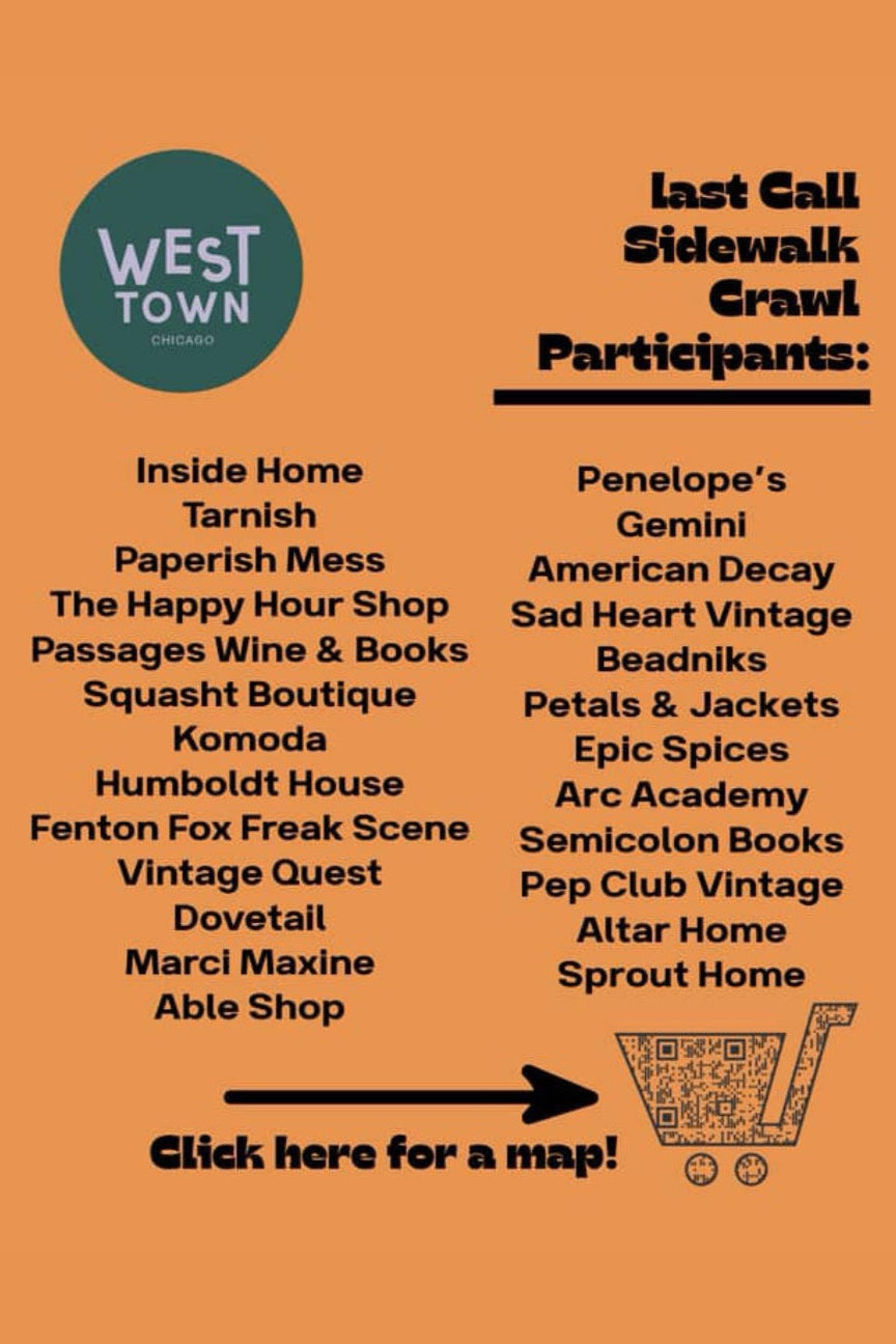 Orange poster with black text listing West Businesses and a call to action for an interactive map ©Sprout Home