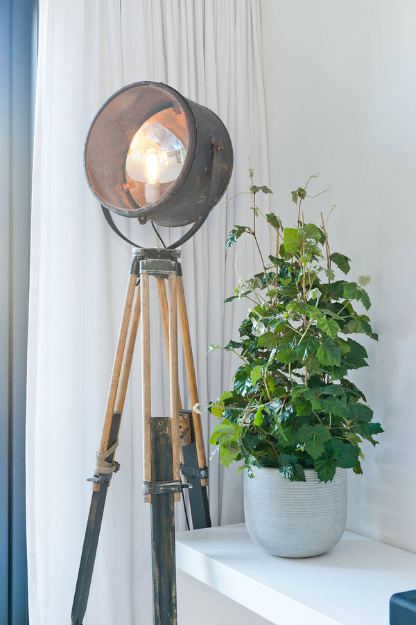 Pottery Pots Cody light grey horizontal ridges pot with a Helix plant inside it sitting next to a photographers light on stand.