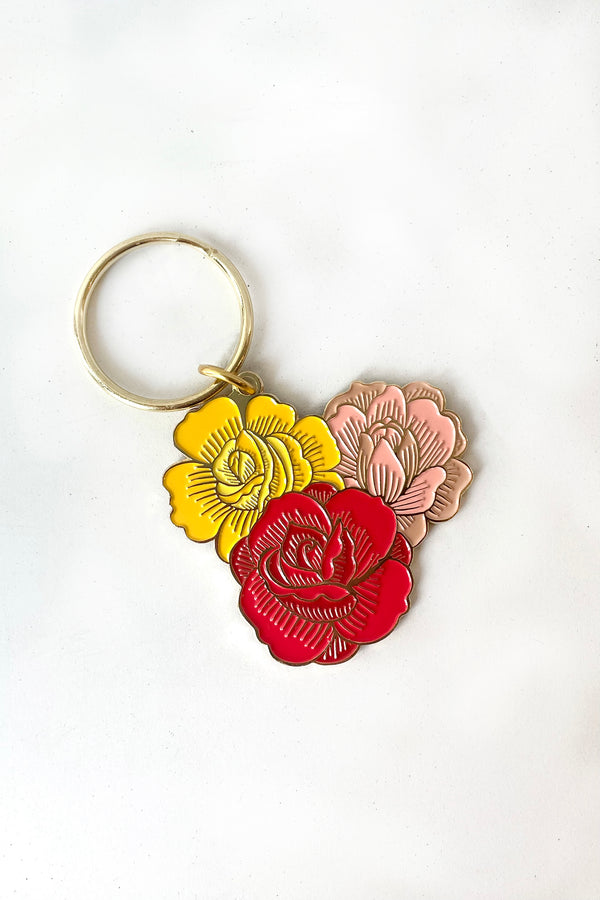 The 2" flowers keychain against a white backdrop