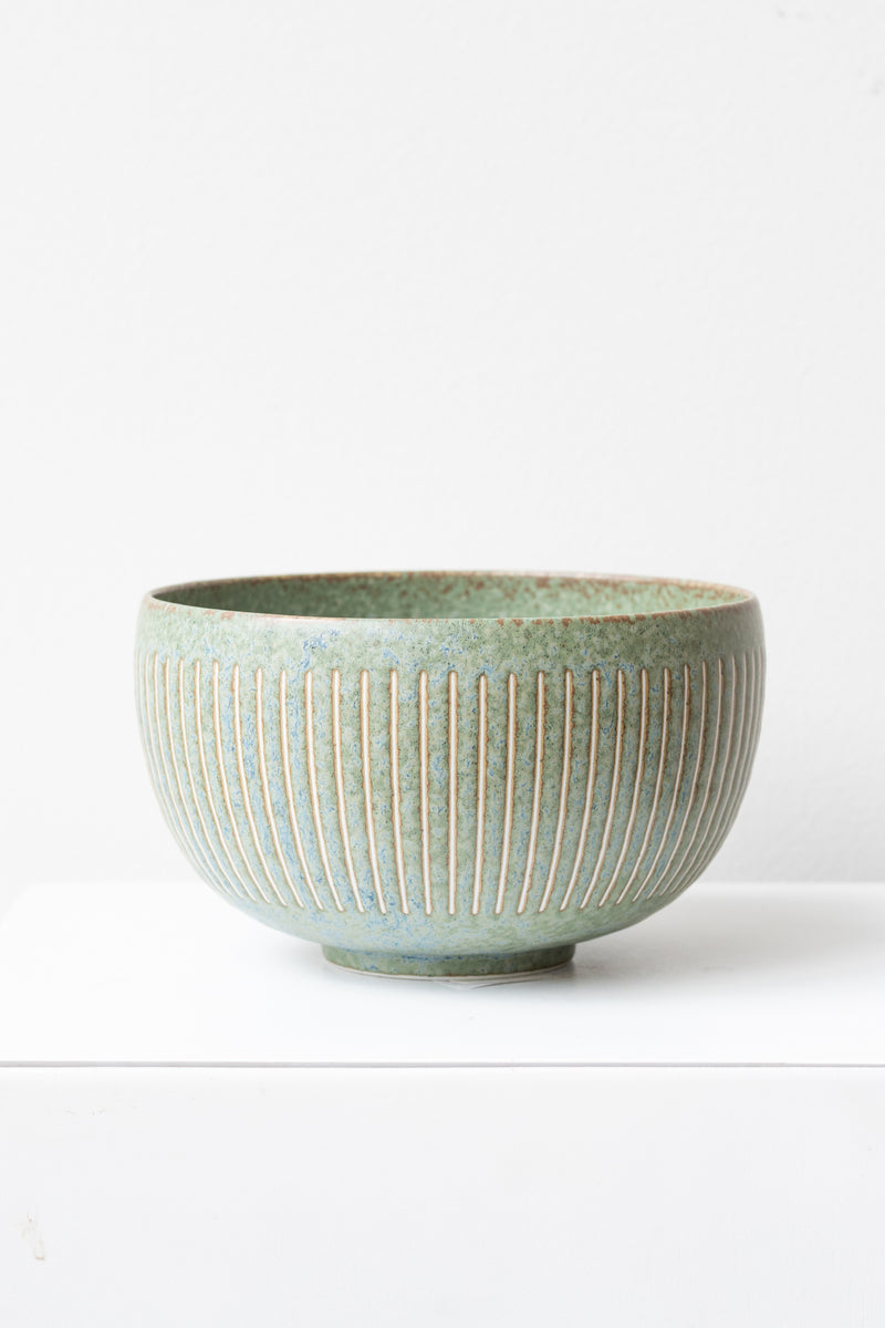 Terra Green Horsetails Bowl by Kotobuki sits on a white surface in a white room