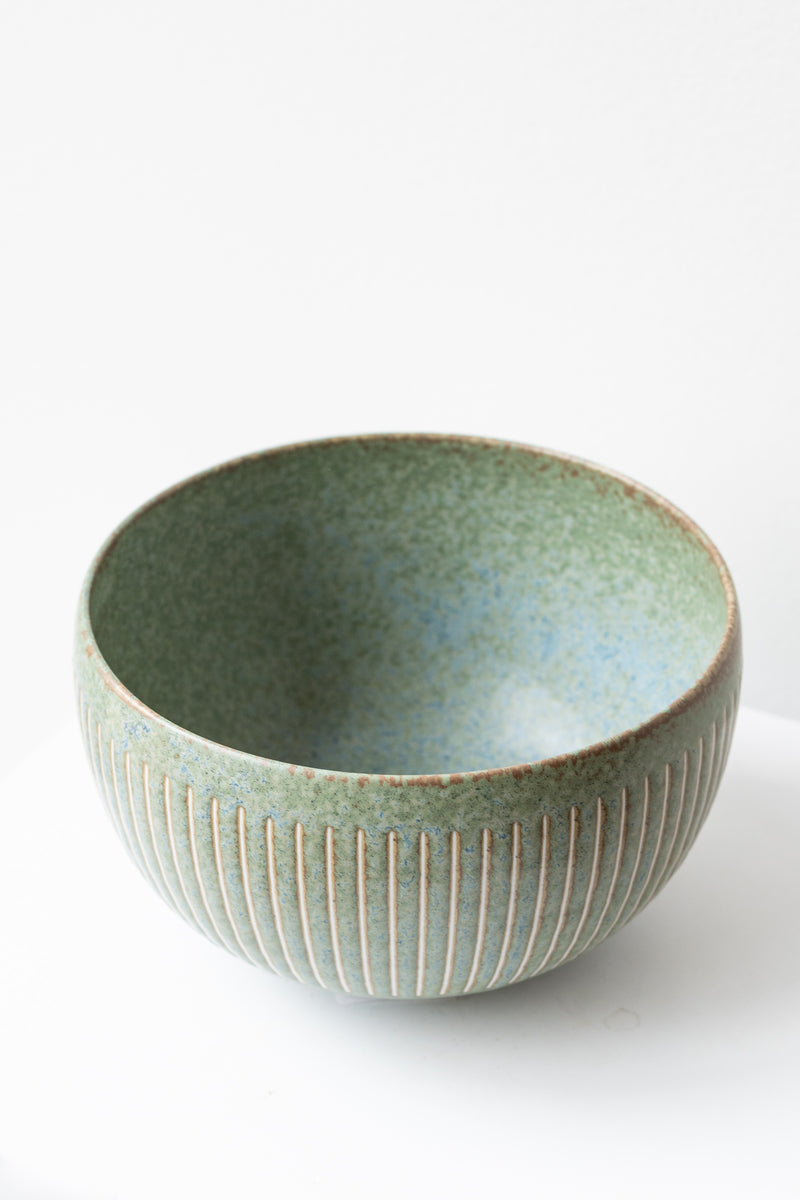 Terra Green Horsetails Bowl by Kotobuki sits on a white surface in a white room