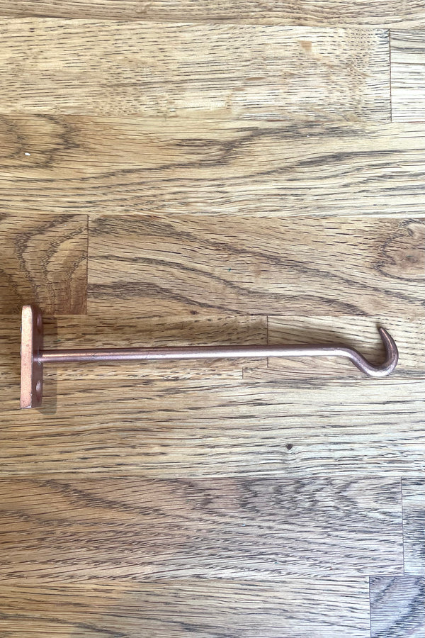 A side view of Bijou Wall Hook copper against wood backdrop