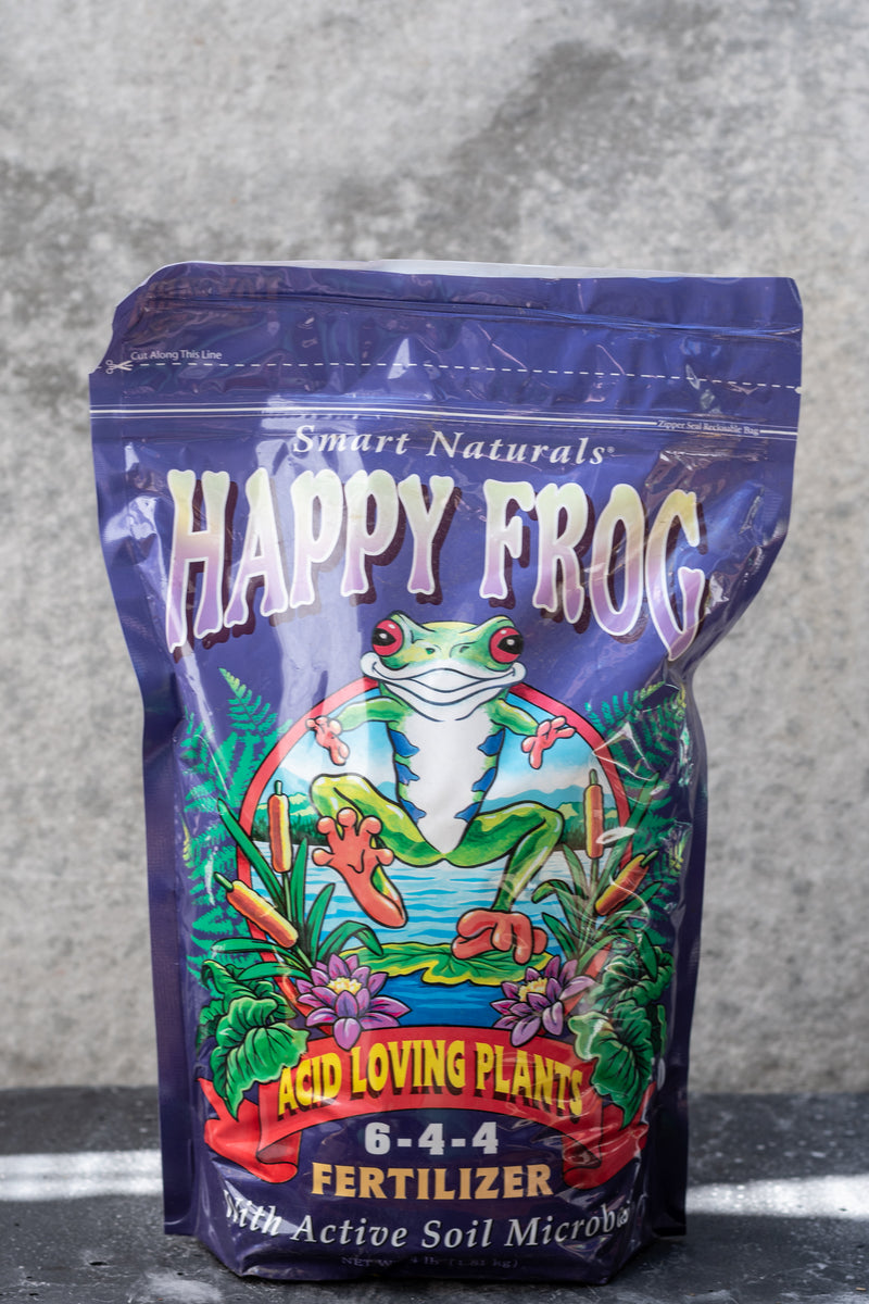 Happy Frog Fertilizer for acid loving plants in its purple bag against a grey wall. 