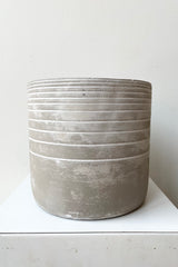 The Paso linear cement cachepot against a white wall at Sprout Home.