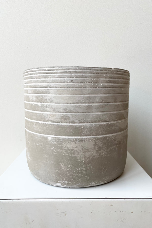 The Paso linear cement cachepot against a white wall at Sprout Home.
