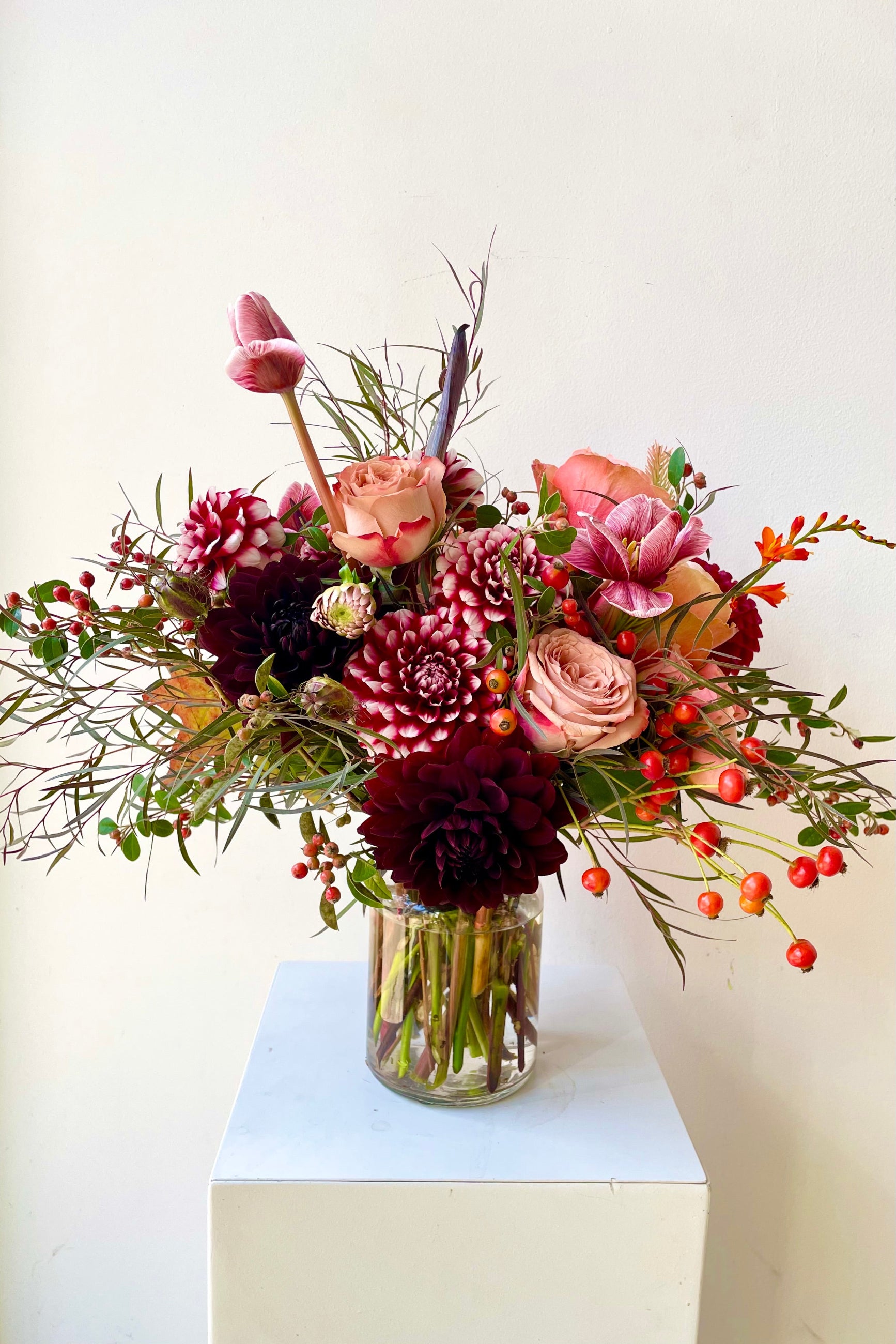 An example of Floral Arrangement Earth featuring Dahlia, roses and tulips by Sprout Home Floral in Chicago ©Sprout Home #size_$130
