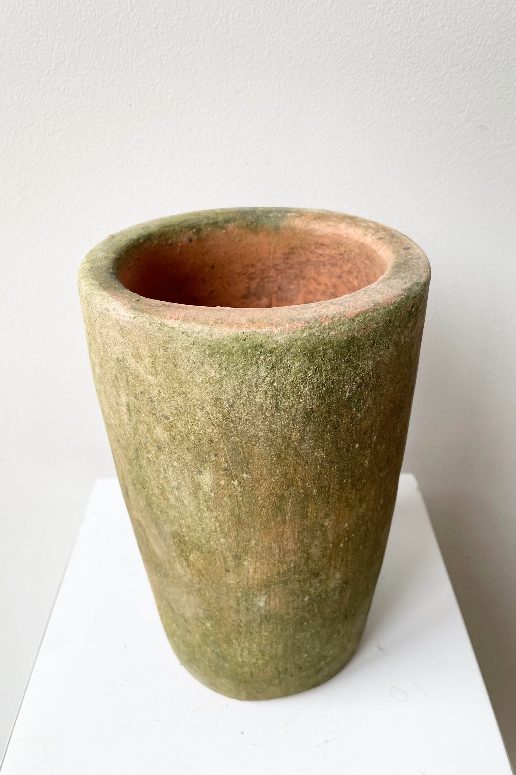 An overhead/detailed look of the small Aged Cylinder Planter.  ©Sprout Home