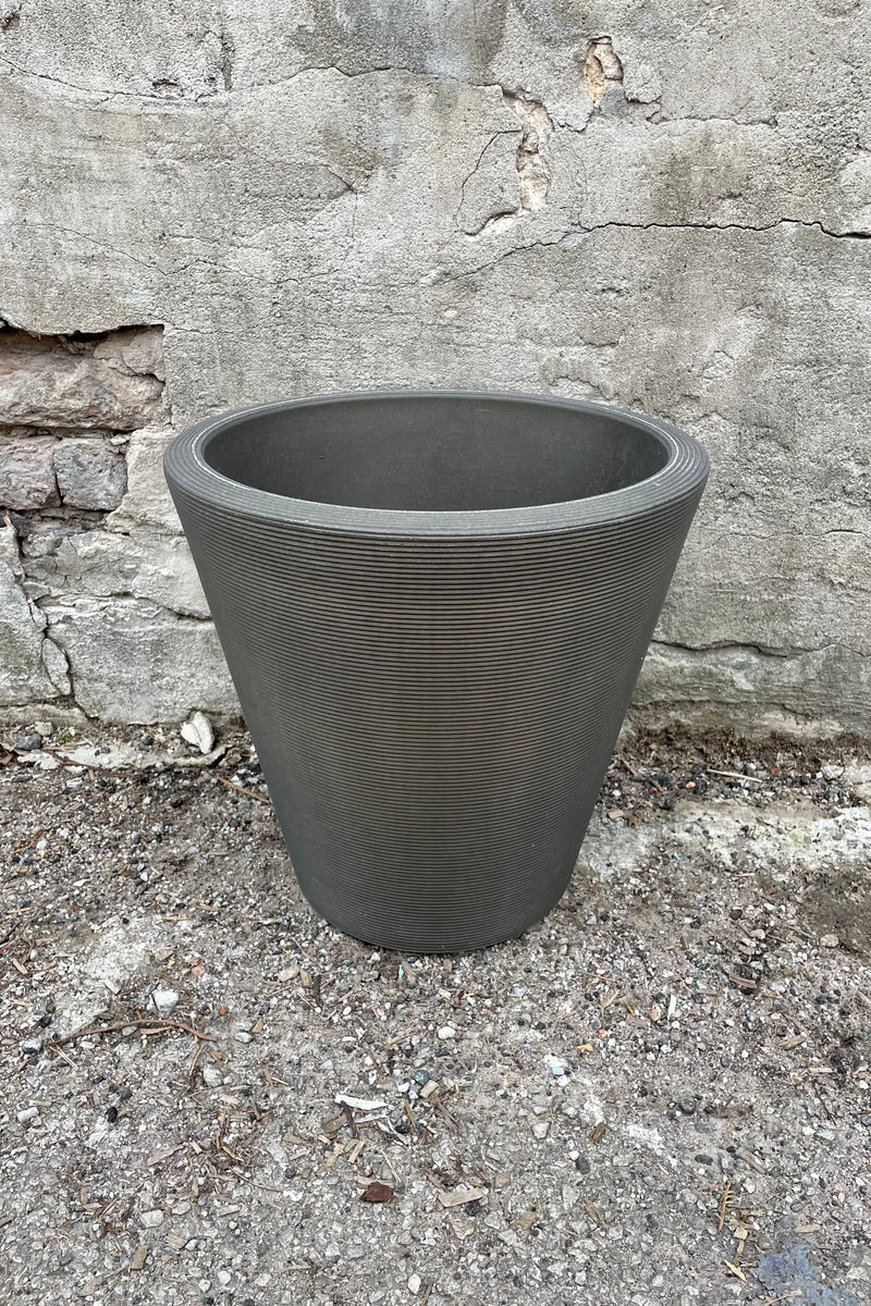 The 14" old bronze madison planter against a cement wall.