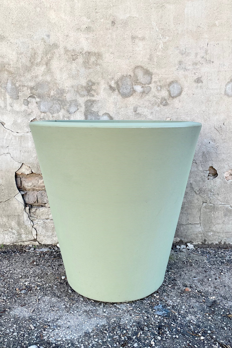 The lemongrass Madison 26" planter in front of a concrete wall. 