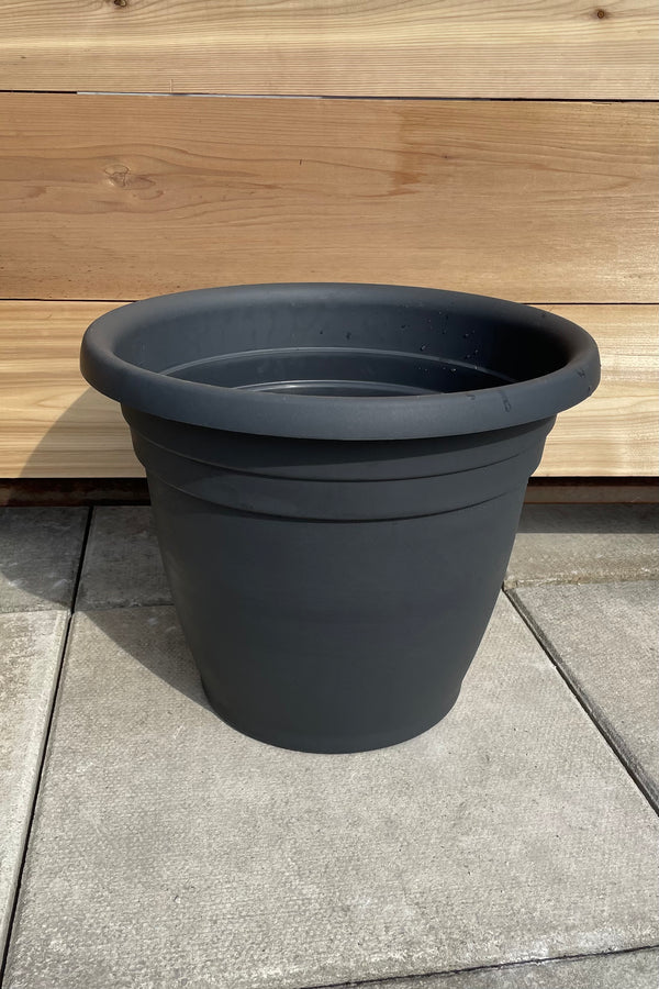 The charcoal Emma round 16" planter shown from the side and top against a cedar wall. 