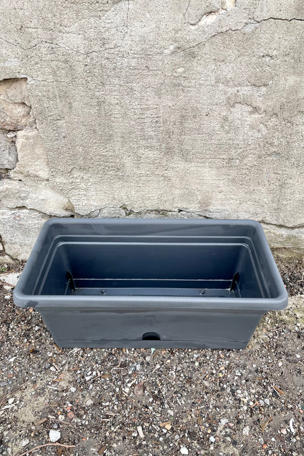 The charcoal Emma rectangular planter shown from above against a concrete wall. 