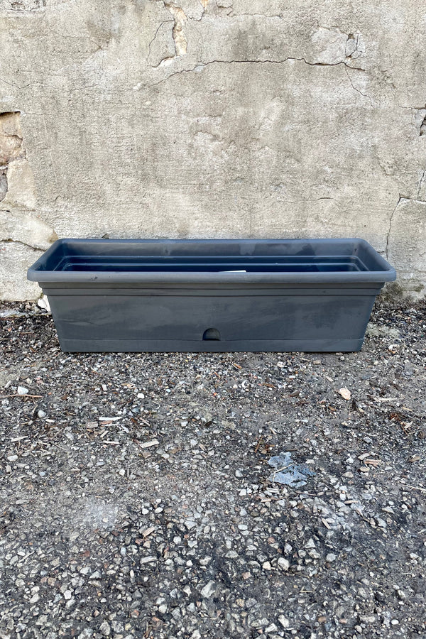 The Emma rectangular charcoal grey 24" planter shown against a concrete wall. 