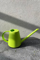 Green Cleo watering can against a grey wall. 