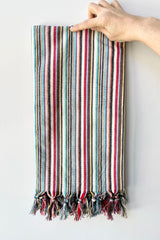 rainbow hammam towel folded being held against a white wall at Sprout Home