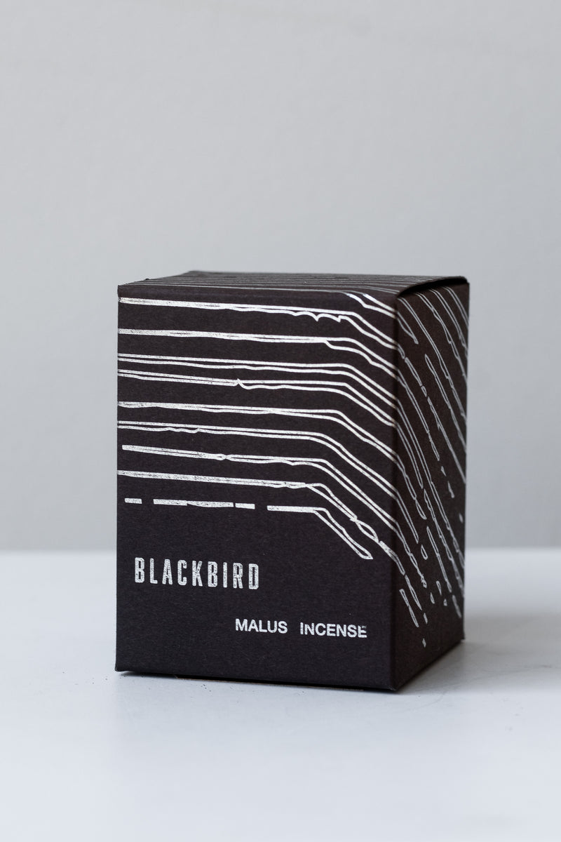A black box of Blackbird incense sits on a white surface in a white room. This incense is called MALUS and has a white line design on the box.