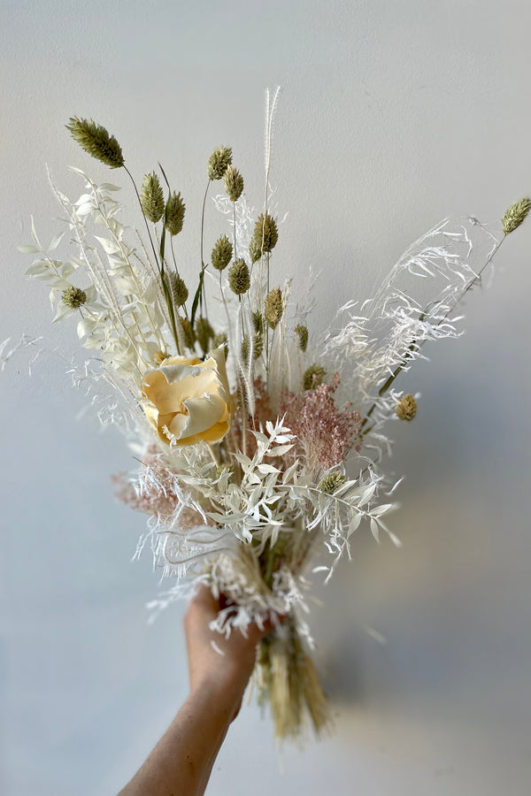 Small Pillow Talk dried preserved floral arrangement held in front of white background