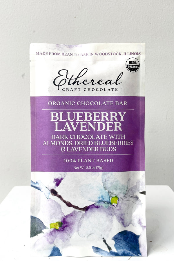 A full view of the Almonds / Blueberries / Lavender Bar from Ethereal against white backdrop