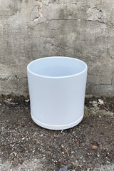 The 10" solid cylinder and saucer in white against a cement wall. 